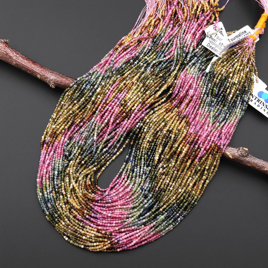 Faceted Natural Pink Green Blue Paraiba Brown Tourmaline 2mm Round Beads Ombre Gemstone 15.5" Strand