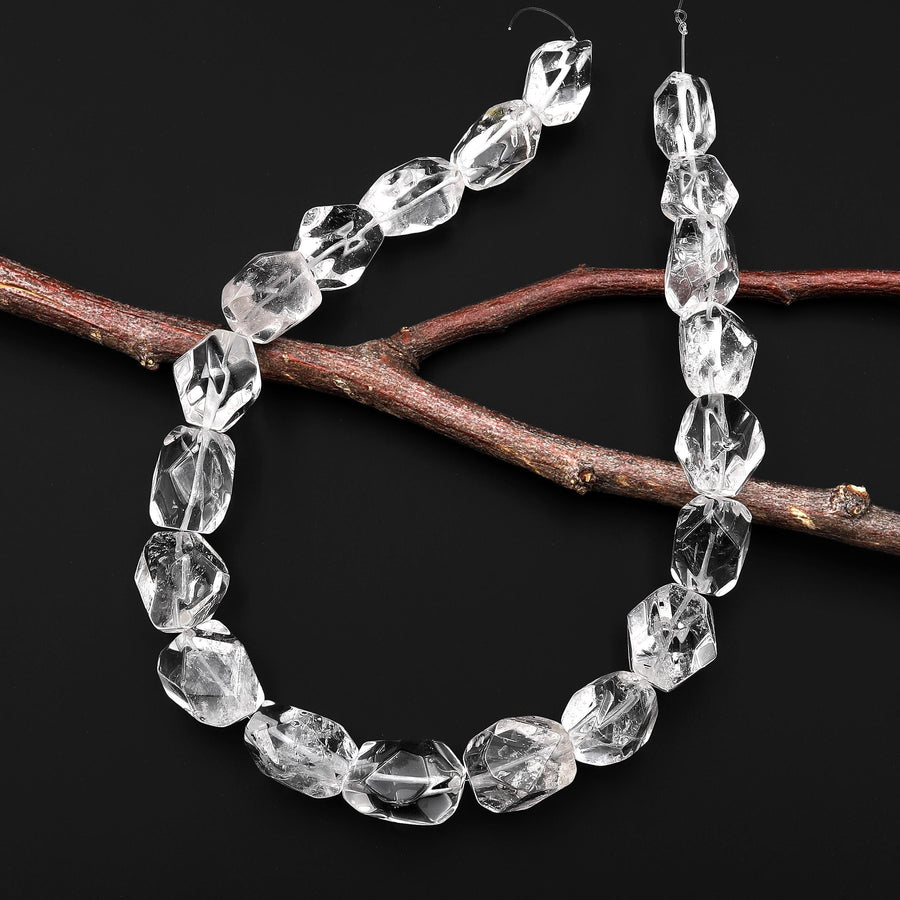 Chunky Natural Rock Quartz Beads Faceted Freeform Rectangle Nugget Hand Cut Clear Raw Crystals 15.5" Strand