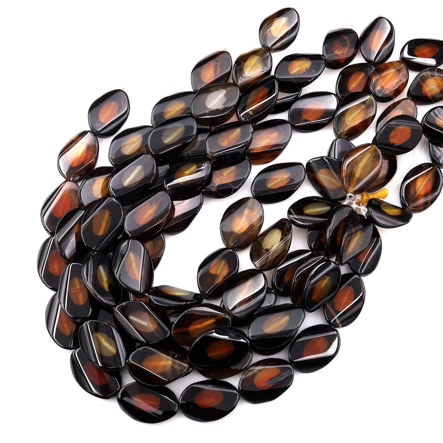Tibetan Agate Black Brown Wavy Oval Eye Design Beads 14" Strand