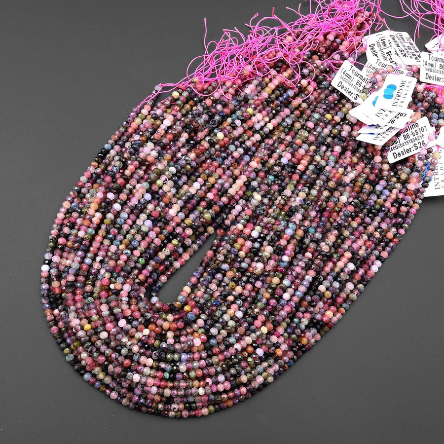 Faceted Natural Multicolor Tourmaline Gemstone Rondelle Beads 4mm Gemstone 15.5" Strand