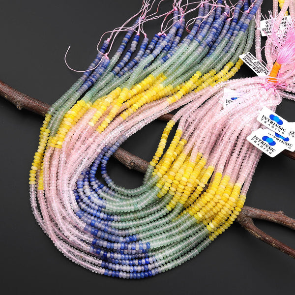 Multicolor Natural Gemstone 4mm Smooth Rondelle Beads Pink Rose Quartz Yellow Jade Green Blue Aventurine Ombre 15.5" Strand