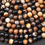 Faceted Black Brown Tibetan Fire Agate 8mm Round Beads Aka Dragon Skin Agate 14.5" Strand