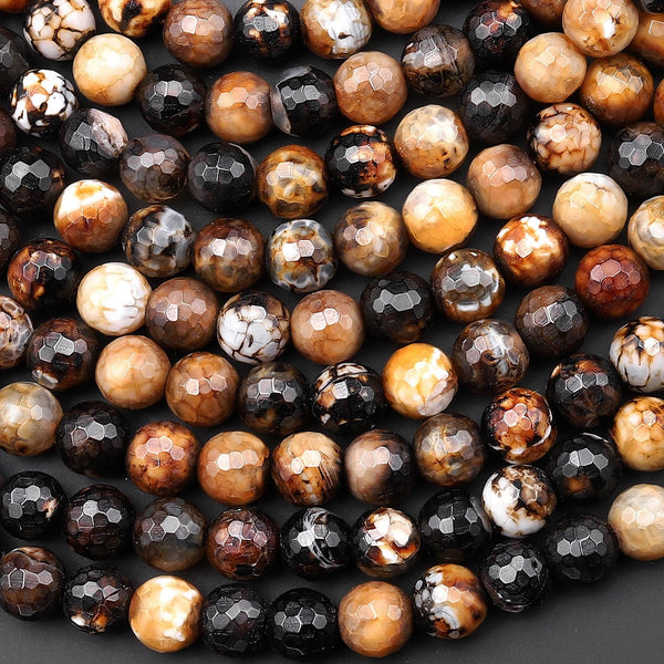 Faceted Black Brown Tibetan Fire Agate 8mm Round Beads Aka Dragon Skin Agate 14.5" Strand