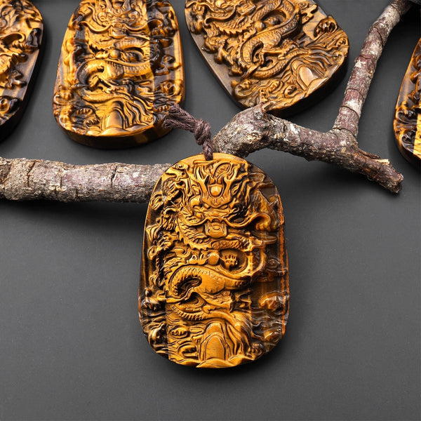 AAA Hand Carved Natural Tiger's Eye Flying Dragon Pendant Gemstone Focal Bead A11
