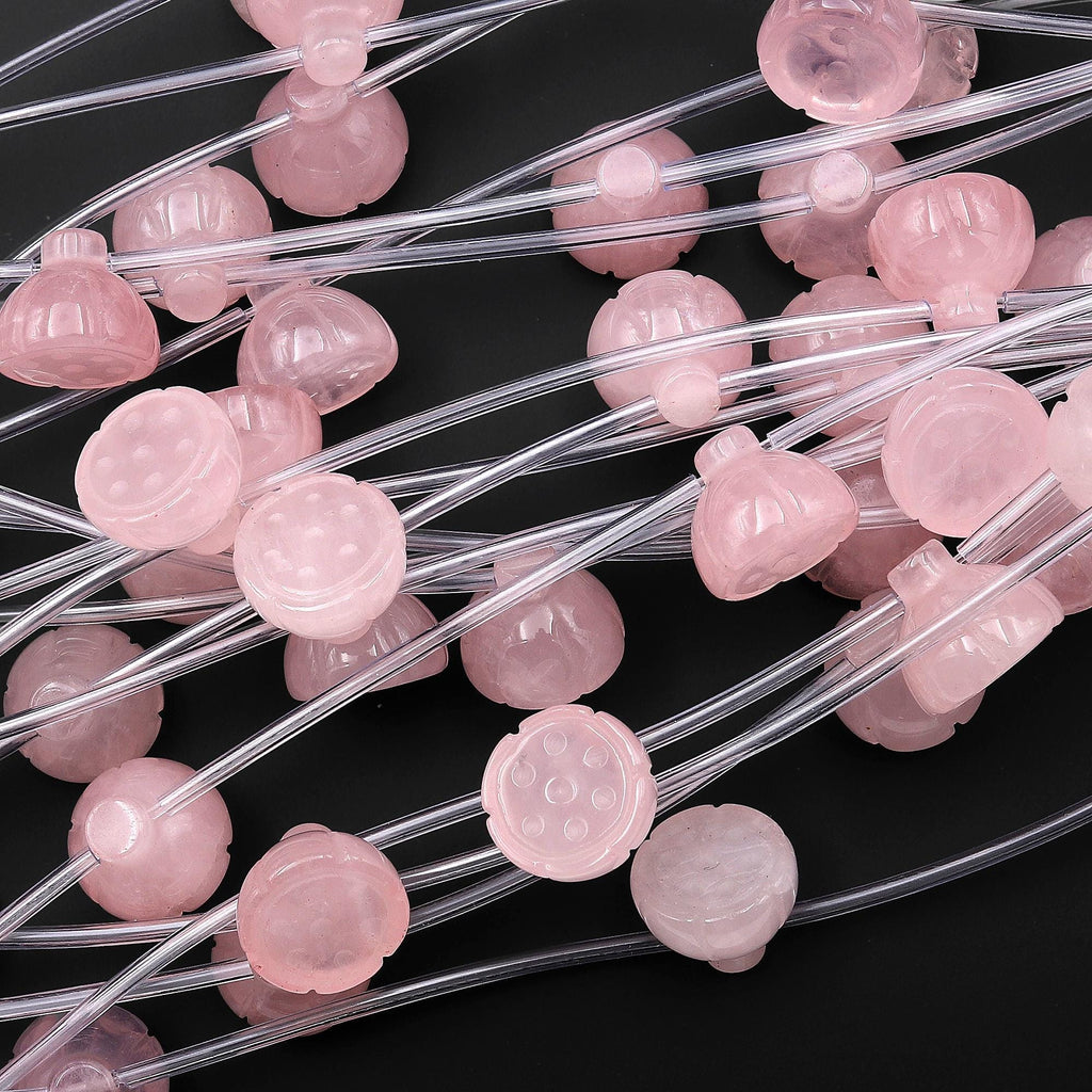 Natural Pink Rose Quartz Hand Carved Lotus Gemstone Beads Strand