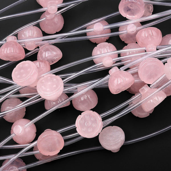 Natural Pink Rose Quartz Hand Carved Lotus Gemstone Beads Strand