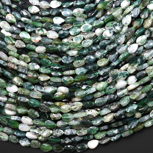 Faceted Natural Green Moss Agate Leaf Teardrop Gemstone Beads 4x6mm 15.5" Strand