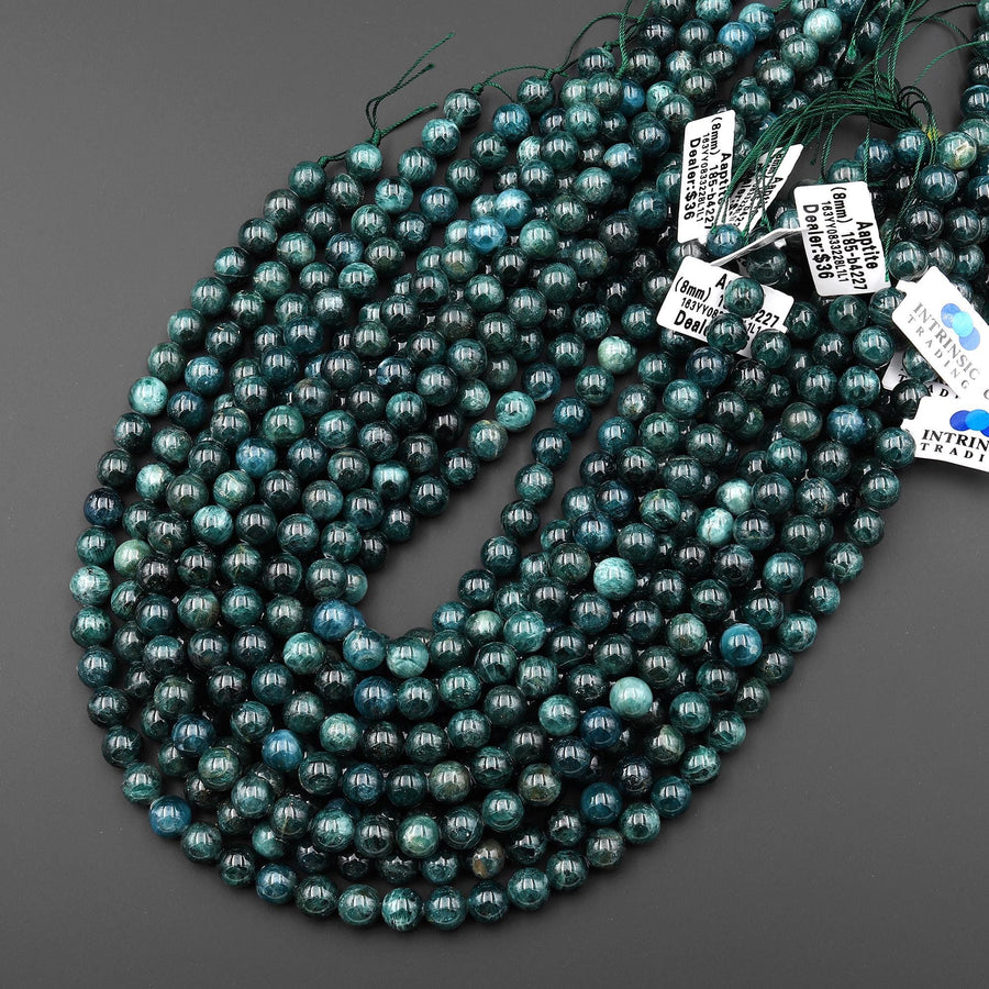 Rare AAA Natural Teal Green Apatite 8mm 10mm Smooth Round Beads 15.5" Strand