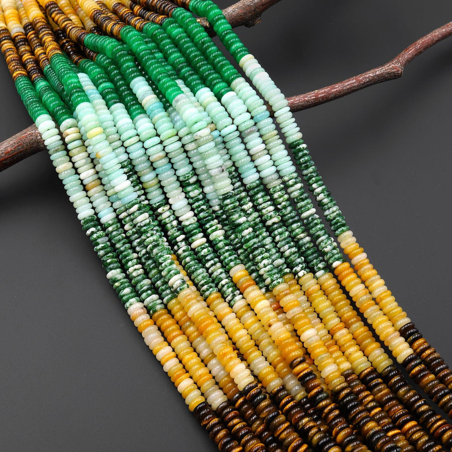 Multicolor Natural Gemstone 6mm Smooth Thin Rondelle Beads Green Tree Agate Yellow Aventurine Tiger's Eye Amazonite 15.5" Strand