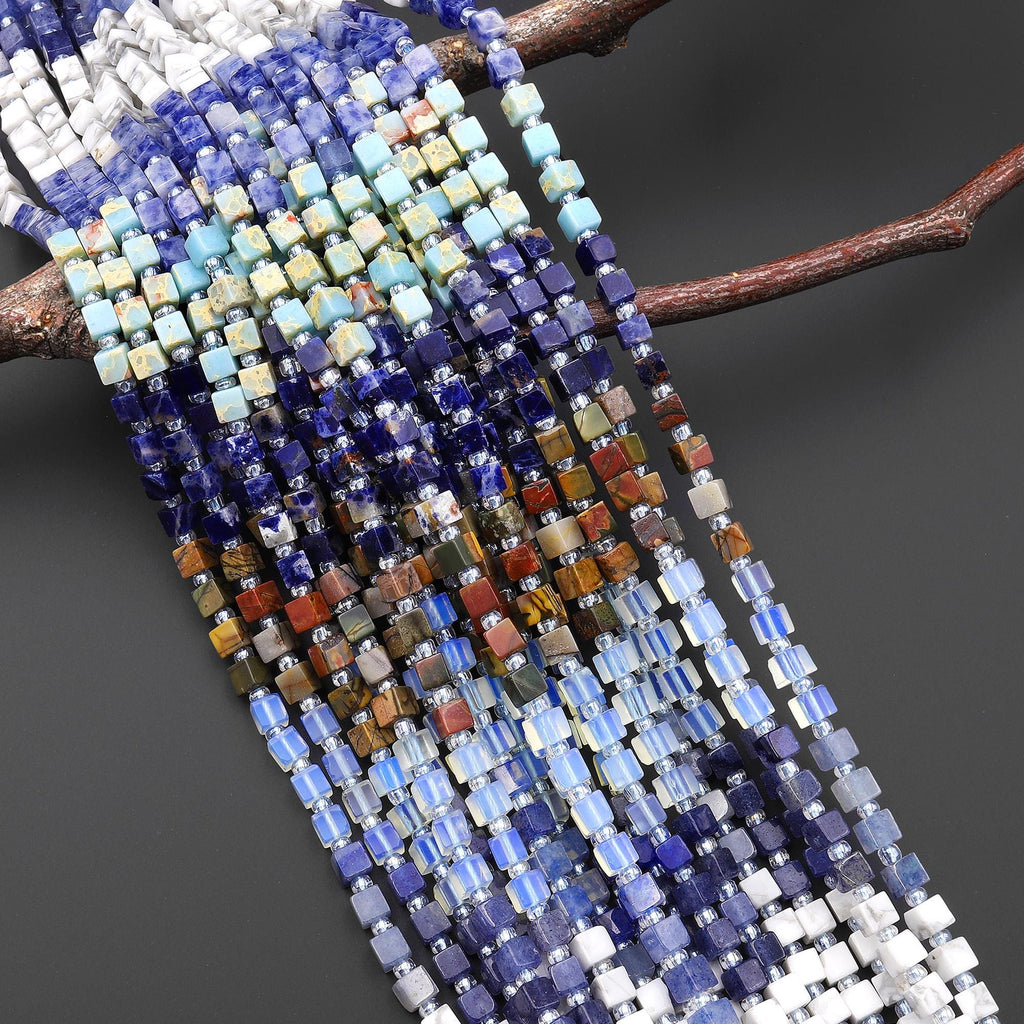 Multicolor Natural Gemstone 4mm Smooth Cube Beads Opalite Blue Aventurine Howlite Sodalite Impression Jasper Red Creek Jasper 15.5" Strand