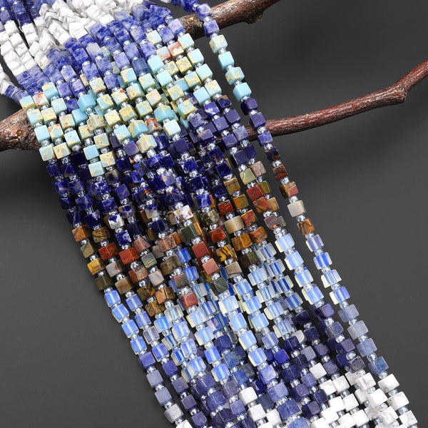 Multicolor Natural Gemstone 4mm Smooth Cube Beads Opalite Blue Aventurine Howlite Sodalite Impression Jasper Red Creek Jasper 15.5" Strand