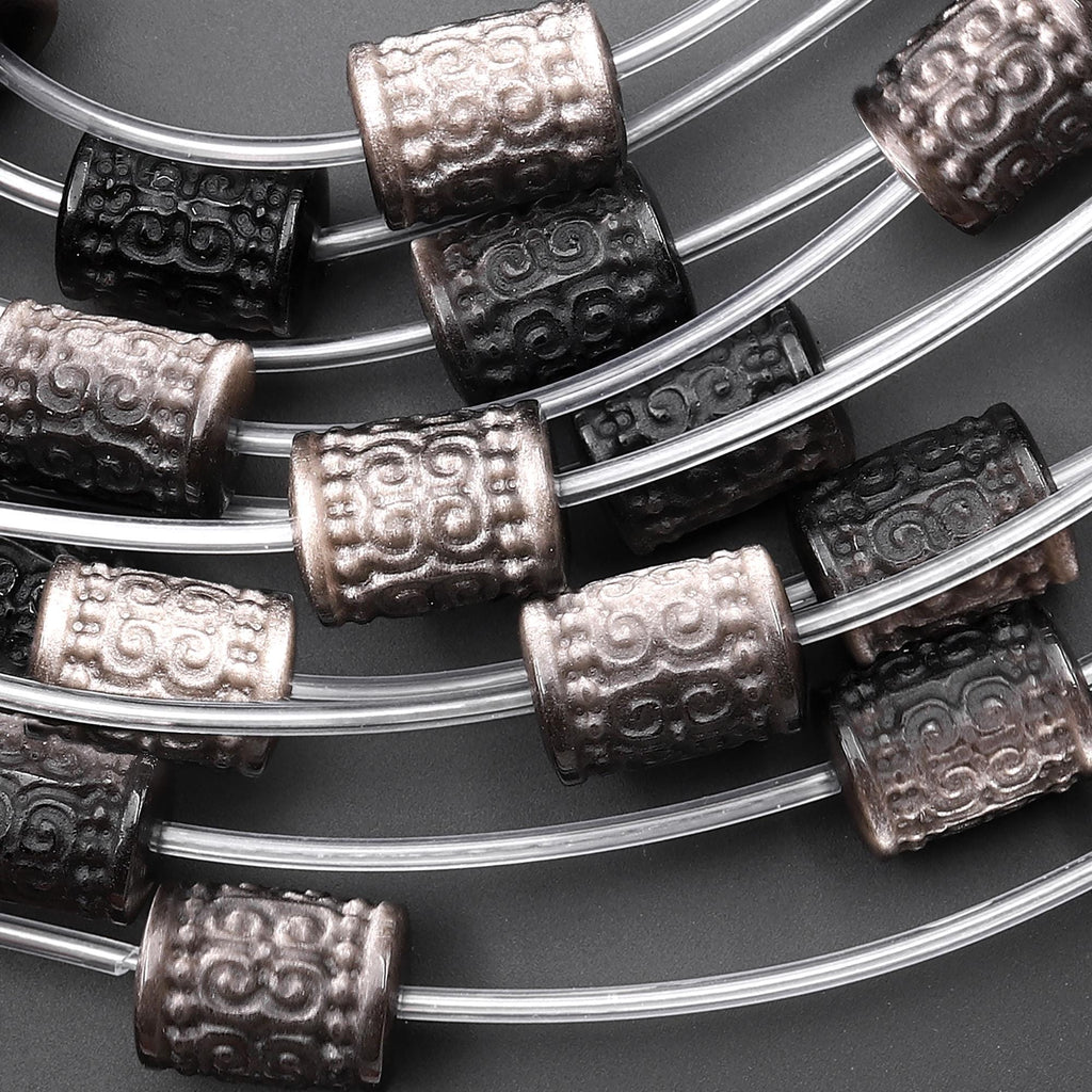 AAA Natural Silver Obsidian Hand Carved Tube Gemstone Crystal Longevity Beads
