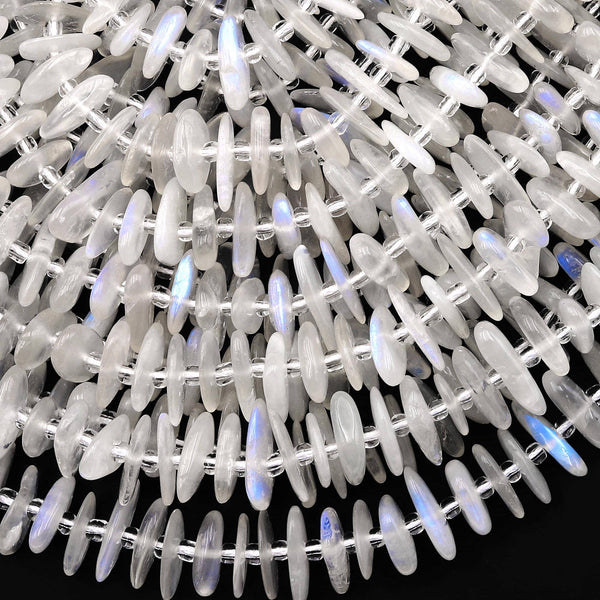 AAA Natural Blue Rainbow Moonstone Beads Center Drilled Freeform Thin Rondelle Disc 15.5" Strand