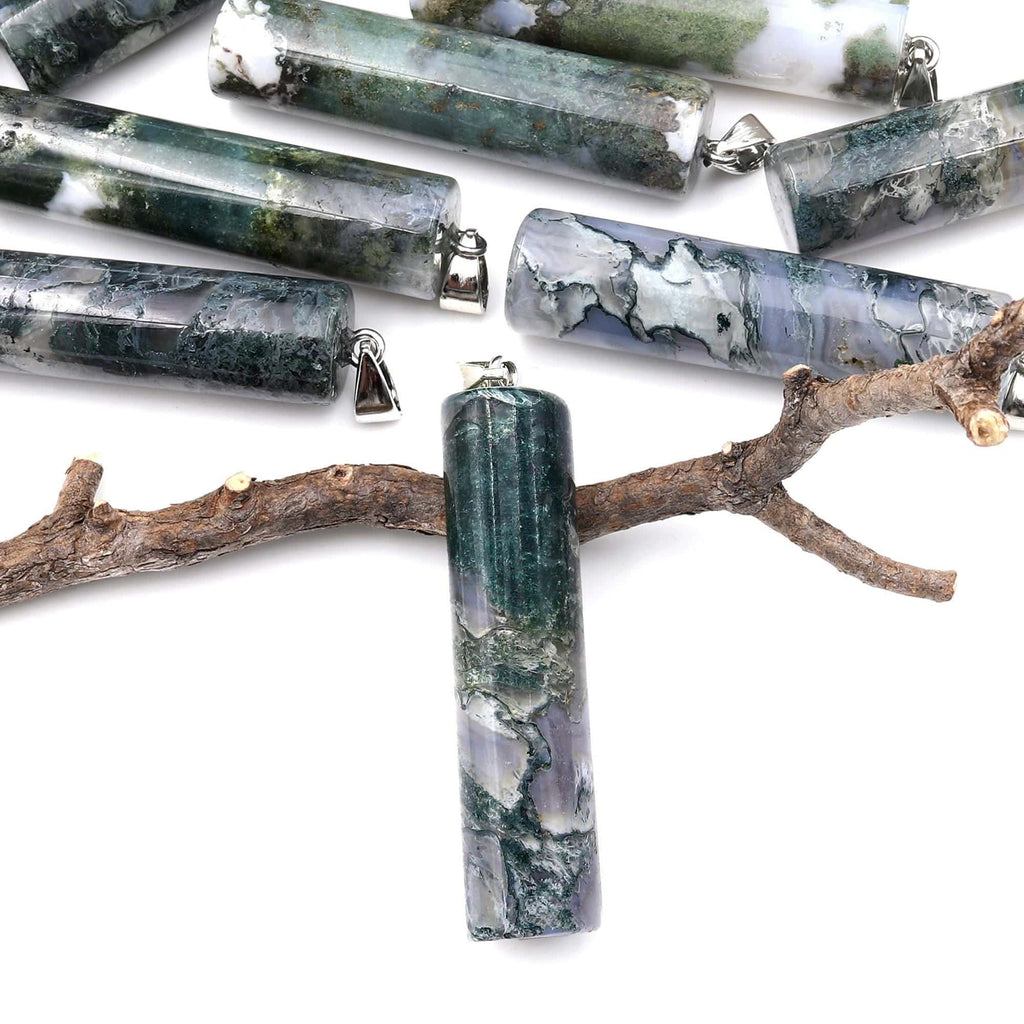 Natural Green Moss Agate Long Cylinder Pendant Natural Crystal Focal Bead A2