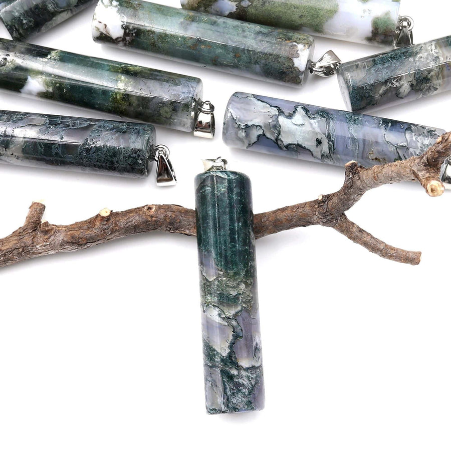 Natural Green Moss Agate Long Cylinder Pendant Natural Crystal Focal Bead A2