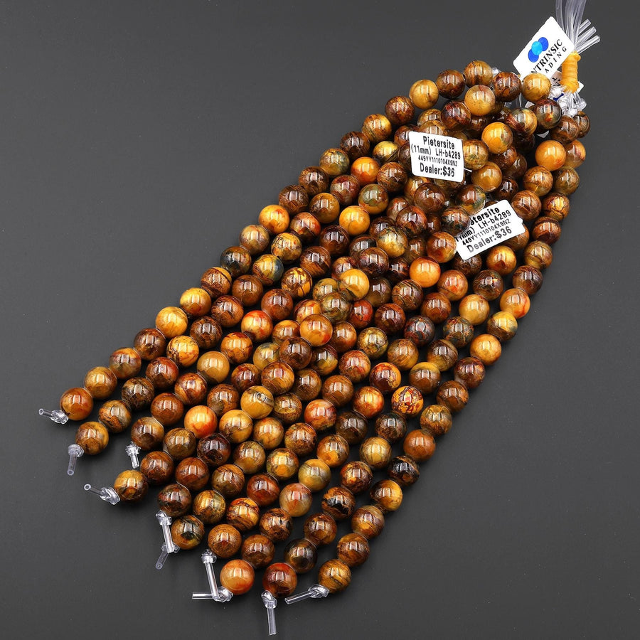 AAA Large Hole Beads 3mm Drill Natural Golden Pietersite 11mm 12mm Round Beads 8" Strand