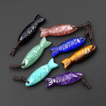 Set of 7 Gemstone Fish Pendants Hand Carved Blue Lapis Green Amazonite Purple Amethyst Tiger's Eye Strawberry Quartz Black Onyx