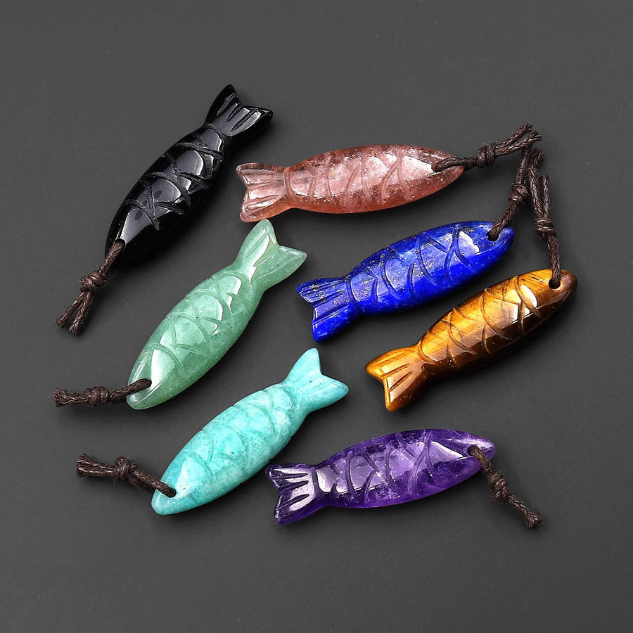 Set of 7 Gemstone Fish Pendants Hand Carved Blue Lapis Green Amazonite Purple Amethyst Tiger's Eye Strawberry Quartz Black Onyx