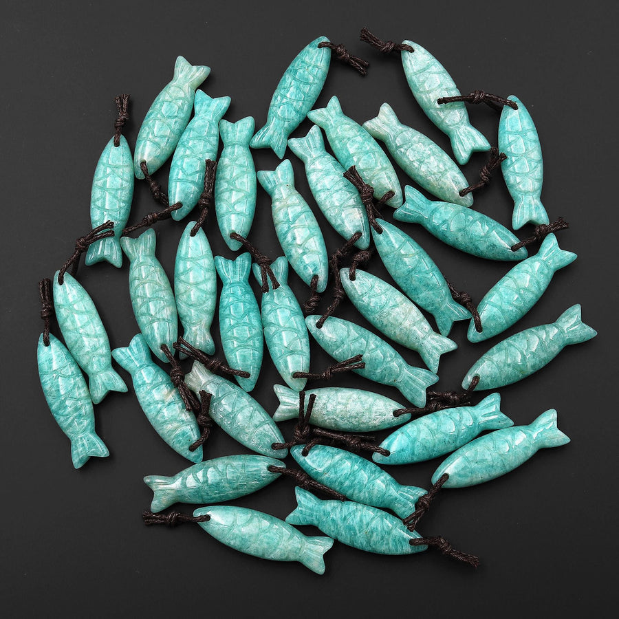Hand Carved Natural Gemstone Fish Pendant Blue Lapis Green Amazonite Purple Amethyst Tiger's Eye Strawberry Quartz Black Onyx
