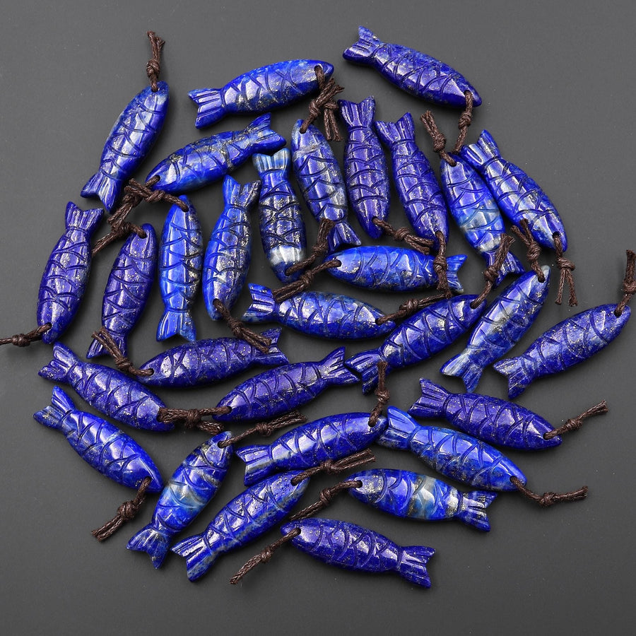 Hand Carved Natural Gemstone Fish Pendant Blue Lapis Green Amazonite Purple Amethyst Tiger's Eye Strawberry Quartz Black Onyx