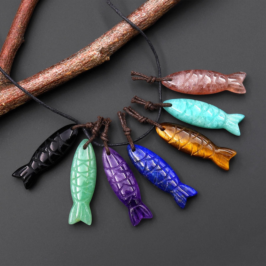 7 Gemstone Fish Pendants Hand Carved Blue Lapis Green Amazonite Purple Amethyst Tiger's Eye Strawberry Quartz Black Onyx A1