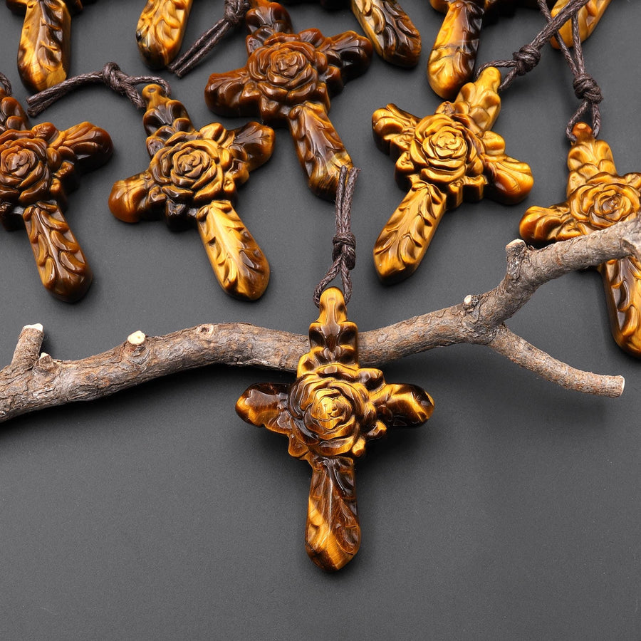 AAA Hand Carved Natural Golden Tiger's Eye Rose Cross Pendant Top Side Drilled Gemstone