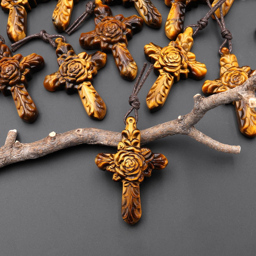 AAA Hand Carved Natural Golden Tiger's Eye Rose Cross Pendant Top Side Drilled Gemstone A1