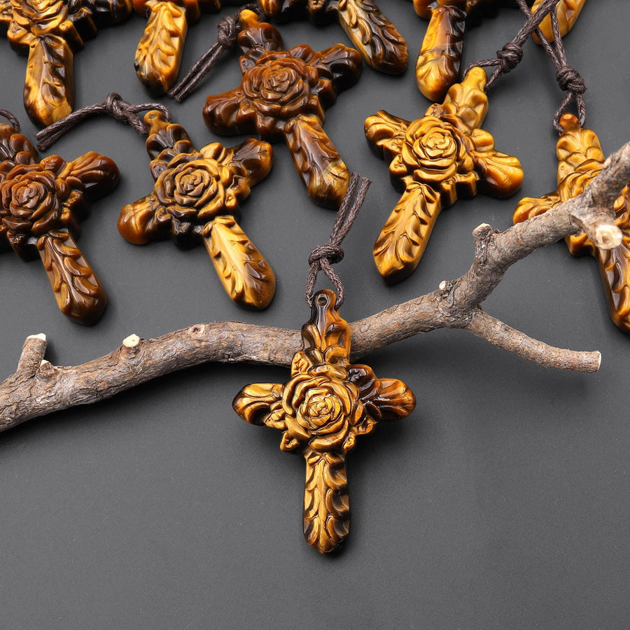 AAA Hand Carved Natural Golden Tiger's Eye Rose Cross Pendant Top Side Drilled Gemstone A2