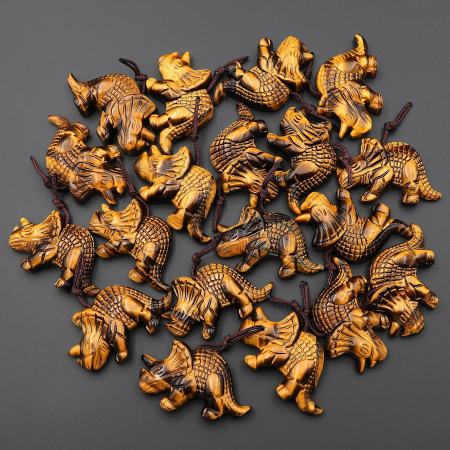 AAA Hand Carved Natural Tiger's Eye Triceratops Dinosaurs Pendant Gemstone Focal Bead