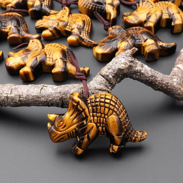 AAA Hand Carved Natural Tiger's Eye Triceratops Dinosaurs Pendant Gemstone Focal Bead A1