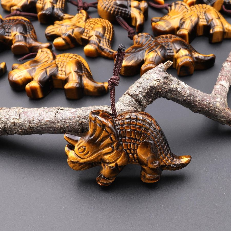 AAA Hand Carved Natural Tiger's Eye Triceratops Dinosaurs Pendant Gemstone Focal Bead A2