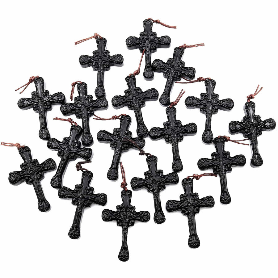 AAA Hand Carved Natural Black Obsidian Ornate Cross Pendant Gemstone Focal Bead