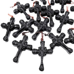 AAA Hand Carved Natural Black Obsidian Ornate Cross Pendant Gemstone Focal Bead