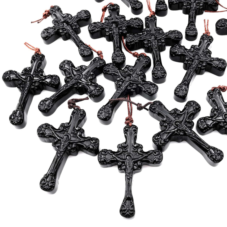 AAA Hand Carved Natural Black Obsidian Ornate Cross Pendant Gemstone Focal Bead