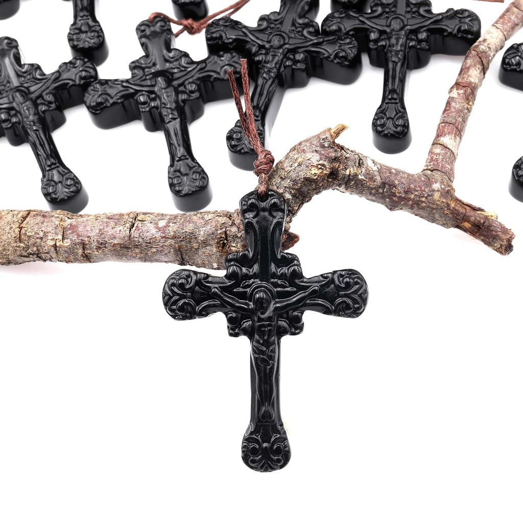 AAA Hand Carved Natural Black Obsidian Ornate Cross Pendant Gemstone Focal Bead