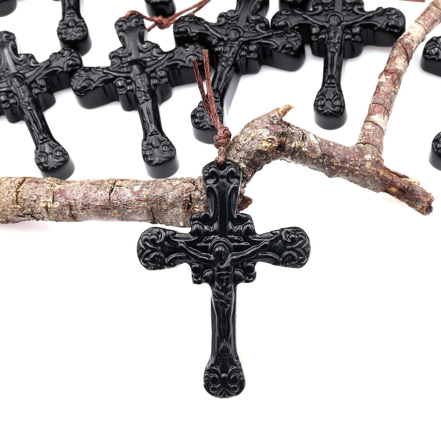 AAA Hand Carved Natural Black Obsidian Ornate Cross Pendant Gemstone Focal Bead