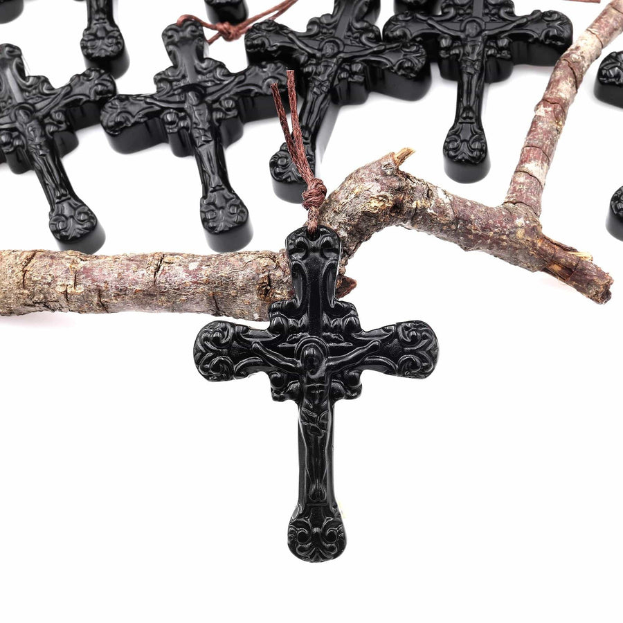 AAA Hand Carved Natural Black Obsidian Ornate Cross Pendant Gemstone Focal Bead A1
