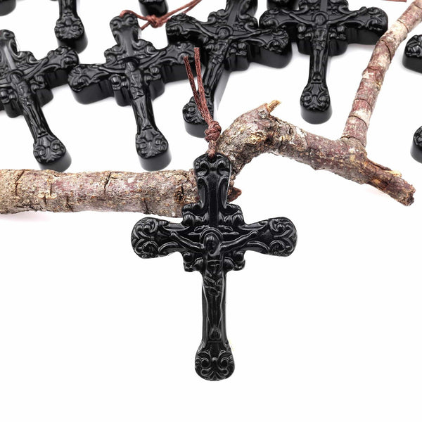 AAA Hand Carved Natural Black Obsidian Ornate Cross Pendant Gemstone Focal Bead A1