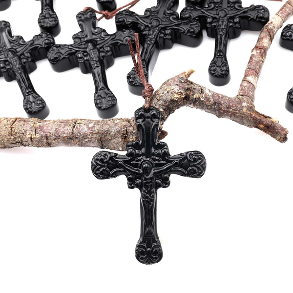 AAA Hand Carved Natural Black Obsidian Ornate Cross Pendant Gemstone Focal Bead