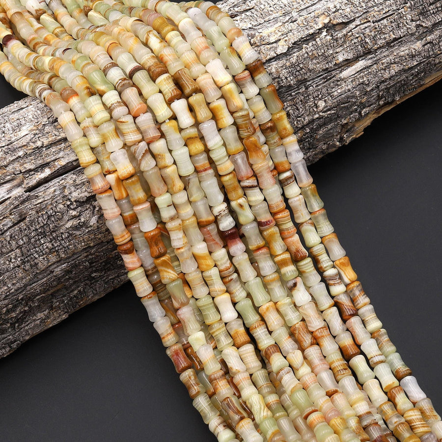 AAA Natural Green Brown Calcite Carved Bamboo Stem Tube Beads Aka Afghanistan Jade 15.5" Strand