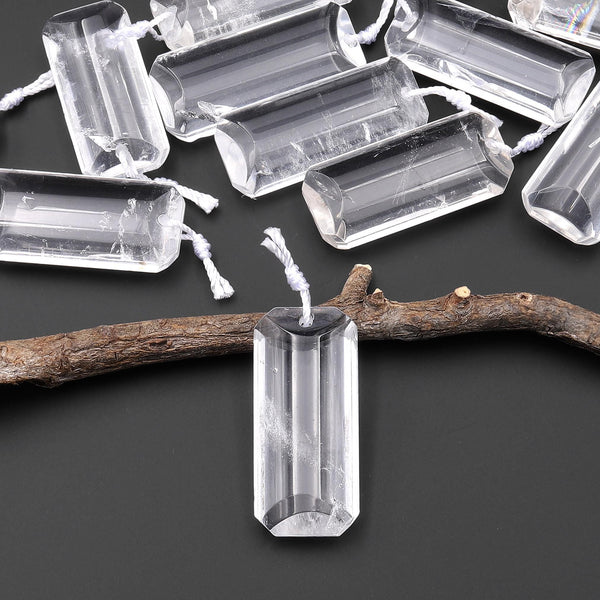 Natural Rock Quartz Pendant Faceted Rectangle Gemstone Crystal Focal Bead