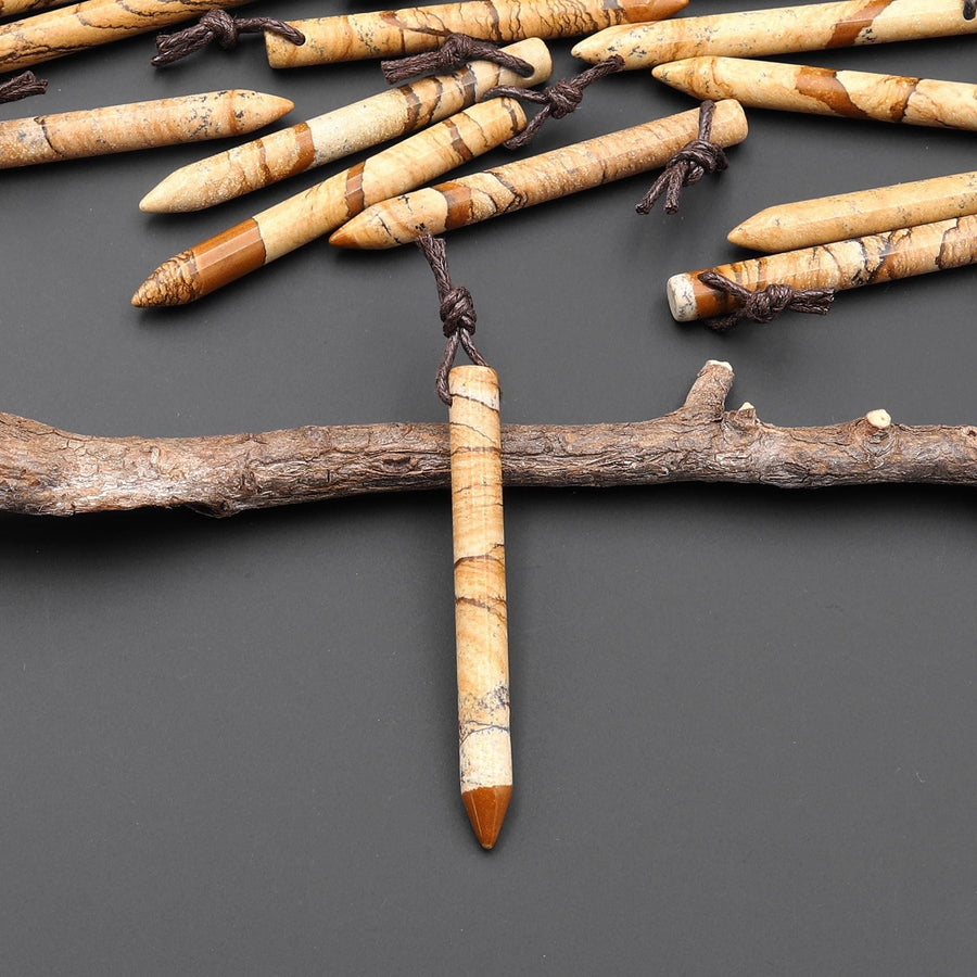 Natural Picture Jasper Thin Long Spike Top Side Drilled Pendant - Earth Tone Wands of Grounding Energy