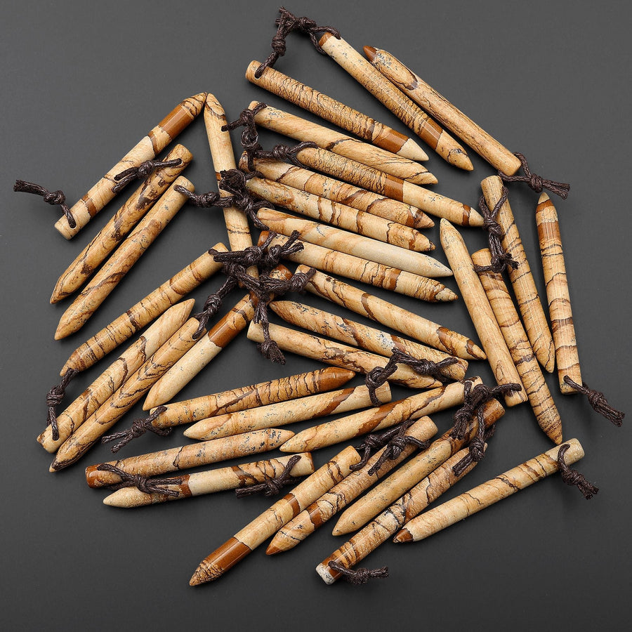 Natural Picture Jasper Thin Long Spike Top Side Drilled Pendant - Earth Tone Wands of Grounding Energy