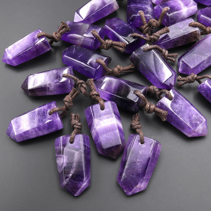 Natural Purple Amethyst Crystal Point Hexagonal Prism Pendant
