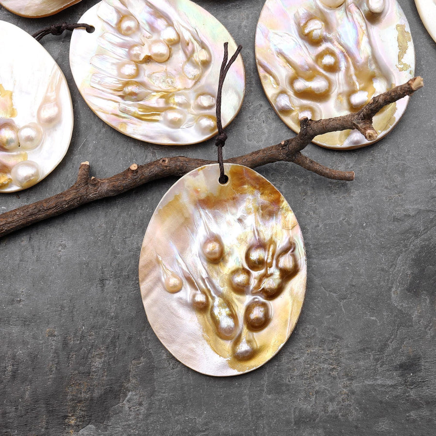 Large Natural Mother of Pearl Oval Pendant Iridescent Golden Baroque Blister Pearl Jewelry