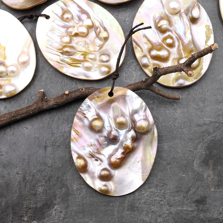 Large Natural Mother of Pearl Oval Pendant Iridescent Golden Baroque Blister Pearl Jewelry A5