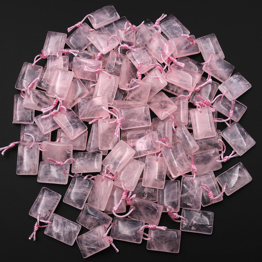 Natural Pink Rose Quartz Smooth Beveled Rectangle Earring Pair Drilled Gemstone Matched Beads