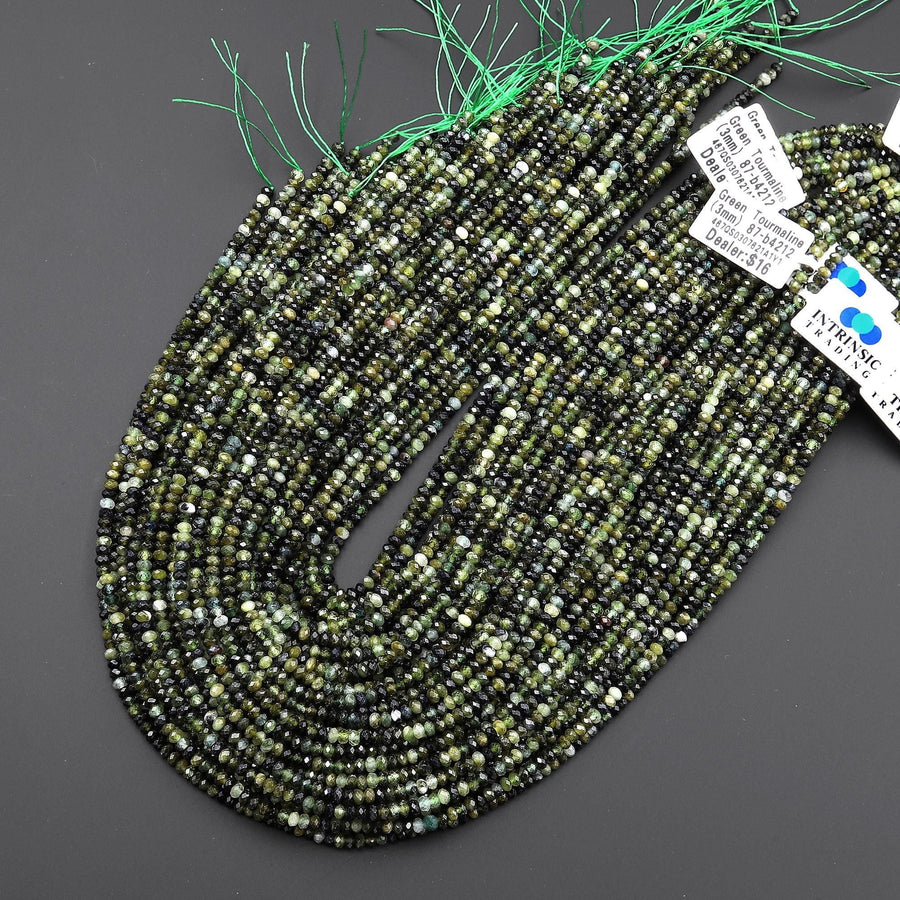 Faceted Natural Green Tourmaline 3mm 4mm Rondelle Beads Diamond Cut Gemstone 15.5" Strand