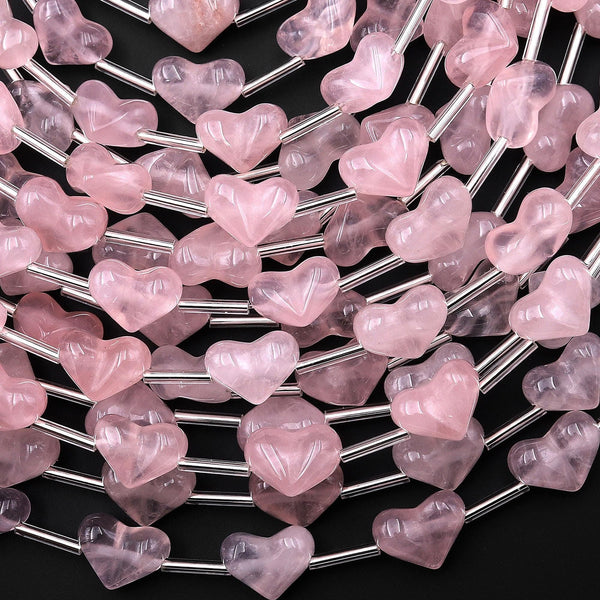 Natural Pink Rose Quartz Beads Gemstone Puffy Heart Veristically Drilled 15.5" Strand