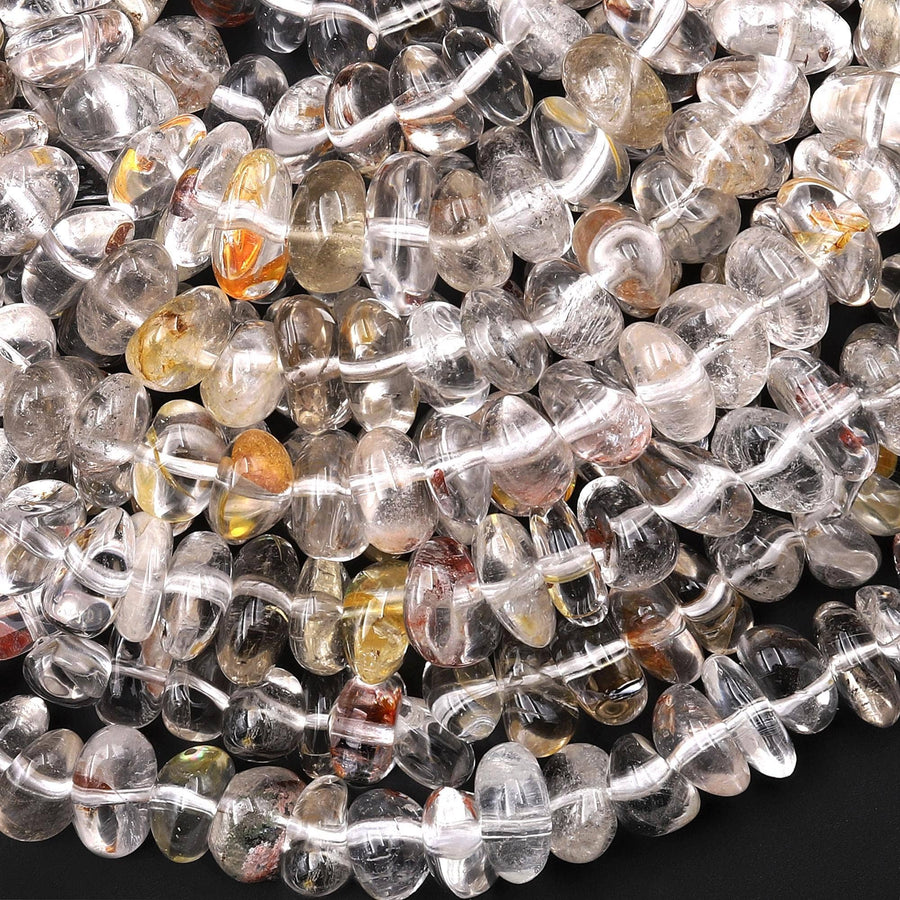 Rare Natural Golden Phantom Rock Quartz Beads Freeform Center Drilled Healing Crystal Nuggets 15.5" Strand